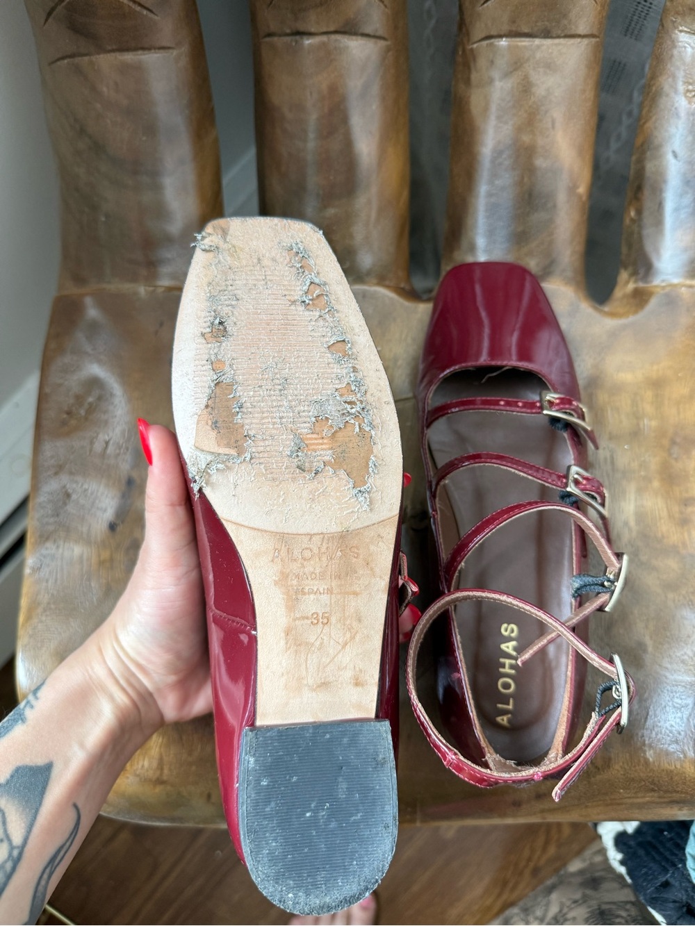 ALOHAS Burgundy Patent Multi-Strap Mary Jane Heels - Picture 5 of 5